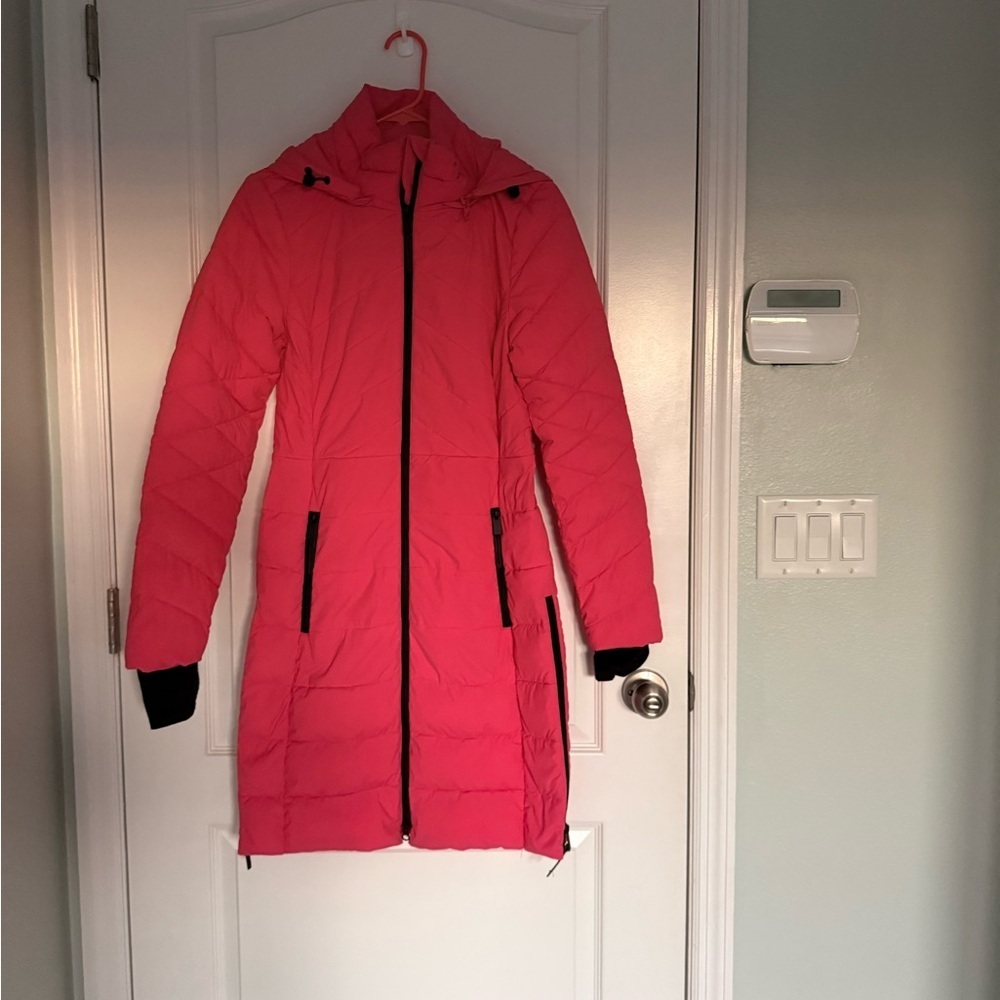 M&S ACTIVE Bright Pink Puffer Jacket Pink Long Puffer Coat With Detachable Hood - Picture 4 of 16